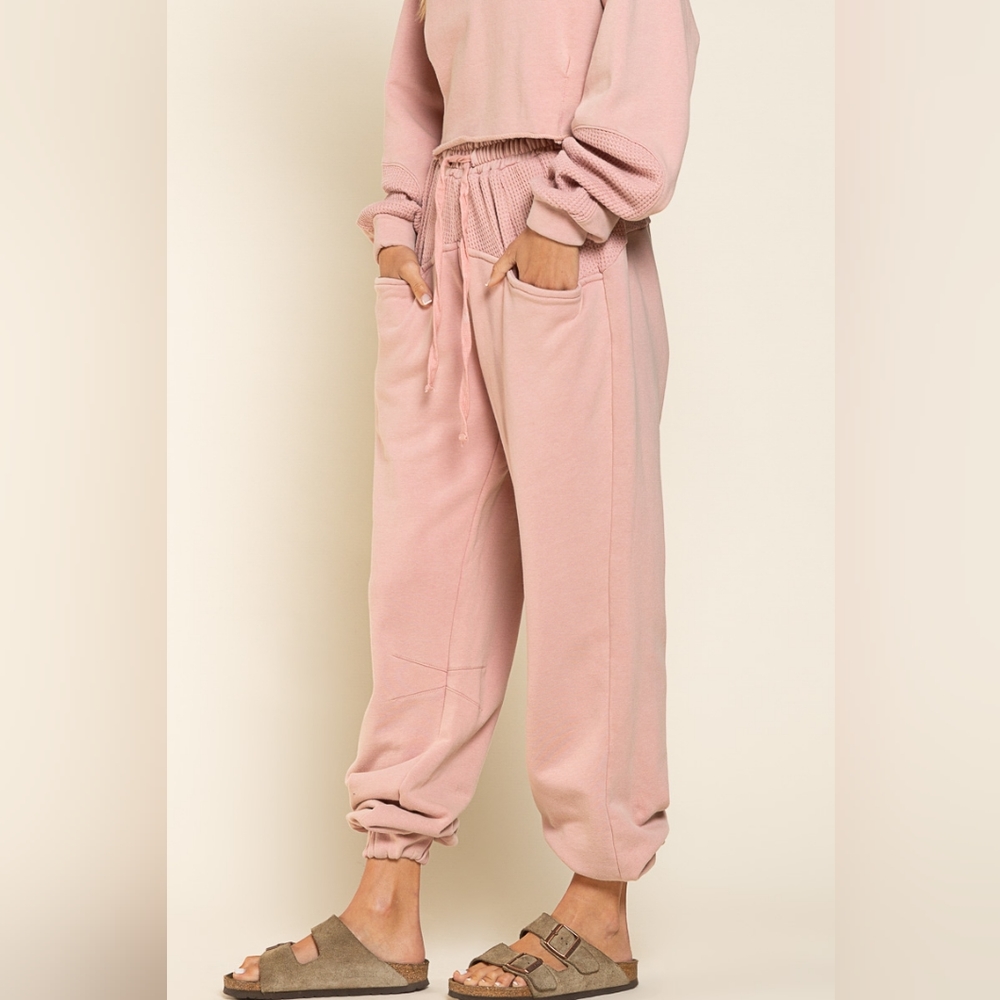 Rose Quartz French Terry Thermal Mix Jogger Sweatpants- Rose - Picture 2 of 3